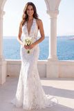 Ivory Mermaid Halter Embroidered Elegant Long Wedding Dress