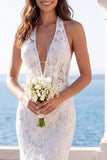 Ivory Mermaid Halter Embroidered Elegant Long Wedding Dress