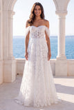 Off the Shoulder Ivory Embroidered Corset A Line Wedding Dress