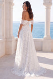 Off the Shoulder Ivory Embroidered Corset A Line Wedding Dress