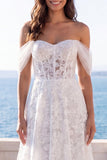 Off the Shoulder Ivory Embroidered Corset A Line Wedding Dress