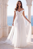 Off the Shoulder Ivory Ruched Cut Out Long Wedding Dress with Streamer
