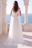 Off the Shoulder Ivory Ruched Cut Out Long Wedding Dress with Streamer