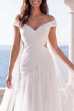 Off the Shoulder Ivory Ruched Cut Out Long Wedding Dress with Streamer