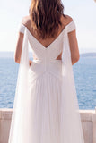 Off the Shoulder Ivory Ruched Cut Out Long Wedding Dress with Streamer