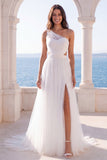 One Shoulder Ivory A Line Cut Out Long Wedding Dress with Slit