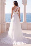 One Shoulder Ivory A Line Cut Out Long Wedding Dress with Slit