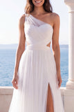 One Shoulder Ivory A Line Cut Out Long Wedding Dress with Slit