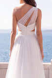 One Shoulder Ivory A Line Cut Out Long Wedding Dress with Slit