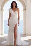 One Shoulder Ivory Mermaid Ruffled Beach Wedding Dress with Slit