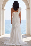 One Shoulder Ivory Mermaid Ruffled Beach Wedding Dress with Slit