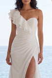 One Shoulder Ivory Mermaid Ruffled Beach Wedding Dress with Slit