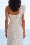 One Shoulder Ivory Mermaid Ruffled Beach Wedding Dress with Slit