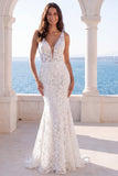 Mermaid Ivory V-Neck Floral Boho Wedding Dress