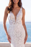 Mermaid Ivory V-Neck Floral Boho Wedding Dress