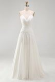 Ivory A Line Spaghetti Straps Ruched Beach Wedding Dress with Pearls