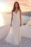 Ivory A Line Spaghetti Straps Ruched Beach Wedding Dress with Pearls