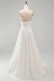 Ivory A Line Spaghetti Straps Ruched Beach Wedding Dress with Pearls