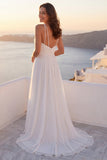 Ivory A Line Spaghetti Straps Ruched Beach Wedding Dress with Pearls