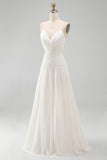 Ivory A Line Spaghetti Straps Ruched Beach Wedding Dress with Pearls