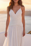Ivory A Line Spaghetti Straps Ruched Beach Wedding Dress with Pearls