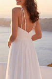 Ivory A Line Spaghetti Straps Ruched Beach Wedding Dress with Pearls