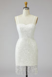 Sparkly Ivory Bodycon Spaghetti Straps Mini Dress with Fringes