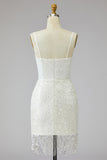 Sparkly Ivory Bodycon Spaghetti Straps Mini Dress with Fringes
