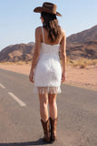 Sparkly Ivory Bodycon Spaghetti Straps Mini Dress with Fringes