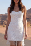 Sparkly Ivory Bodycon Spaghetti Straps Mini Dress with Fringes