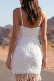 Sparkly Ivory Bodycon Spaghetti Straps Mini Dress with Fringes