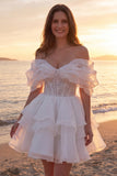 Off The Shoulder Ivory A Line Corset Short Bridal Shower Dress with Ruffles