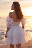 Off The Shoulder Ivory A Line Corset Short Bridal Shower Dress with Ruffles