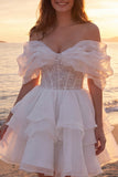 Off The Shoulder Ivory A Line Corset Short Bridal Shower Dress with Ruffles