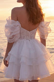 Off The Shoulder Ivory A Line Corset Short Bridal Shower Dress with Ruffles