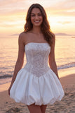 Sparkly Ivory Strapless Ruched A Line Short Bridal Shower Dress with Sequins