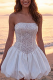 Sparkly Ivory Strapless Ruched A Line Short Bridal Shower Dress with Sequins