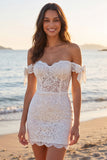 Ivory Off the Shoulder Floral Corset Bridal Shower Dress with Bows