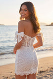Ivory Off the Shoulder Floral Corset Bridal Shower Dress with Bows
