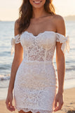 Ivory Off the Shoulder Floral Corset Bridal Shower Dress with Bows