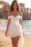 Off the Shoulder Ivory A Line Ruffled Corset Graduation Dress with Sash