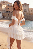 Off the Shoulder Ivory A Line Ruffled Corset Graduation Dress with Sash