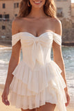 Off the Shoulder Ivory A Line Ruffled Corset Graduation Dress with Sash
