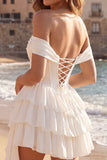 Off the Shoulder Ivory A Line Ruffled Corset Graduation Dress with Sash