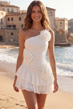 Ivory One Shoulder Ruffled Short Graduation Dress with 3D Flowers