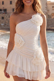 Ivory One Shoulder Ruffled Short Graduation Dress with 3D Flowers
