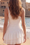 Ivory One Shoulder Ruffled Short Graduation Dress with 3D Flowers