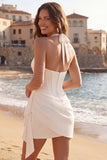 Halter Ivory Bodycon Corset Ruched Short Graduation Dress with Sash