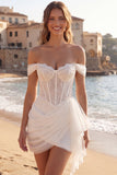 Off the Shoulder Ivory Corset Ruched Short Graduation Dress with Sash