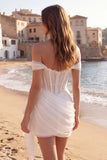 Off the Shoulder Ivory Corset Ruched Short Graduation Dress with Sash